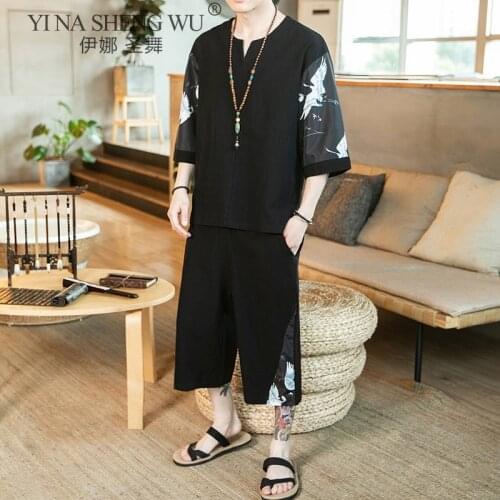 Men Cotton Linen T-shirt Kimono Set Japanese Short Half-Sleeve Shirt Japan Harajuku Trousers Asian Male Yukata Cardigan Costumes