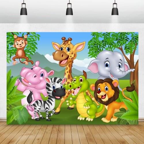 Jungle Safari Birthday Backdrops Baby Cartoon Party Forest Animal Grass Baby Portrait Poster Photo Background Photo Studio