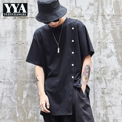 Irregular Men Black T-shirt 2021 New Fashion Hip Hop Loose Fit Short Sleeve Punk Style Tees Single Breasted Streetwear Tops Male