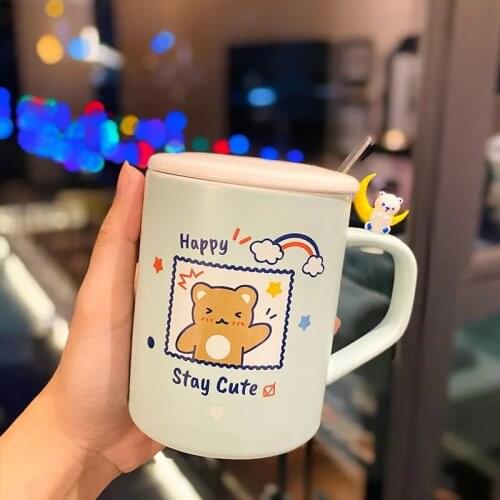 Cute Bear Ceramic Mug 420ML With Spoon and Lid Kawaii Moon Decoration Household Couple Drinking Glasses Coffee Milk Cup