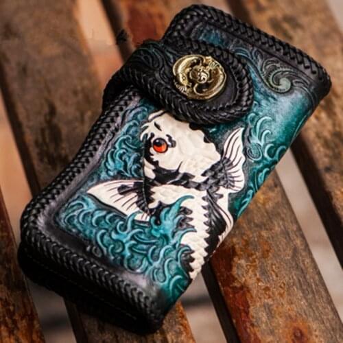 Handmade carving Lucky Fish Women Wallets Card Holder Purses Men Long Clutch Vegetable Tanned Leather New Year Gift