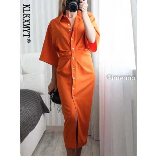 Klkxmyt Summer Za Dress Women 2021 High Street Vintage Print Lapel Folds Party Shirt Dress Vestidos De Fiesta De Noche Vestidos