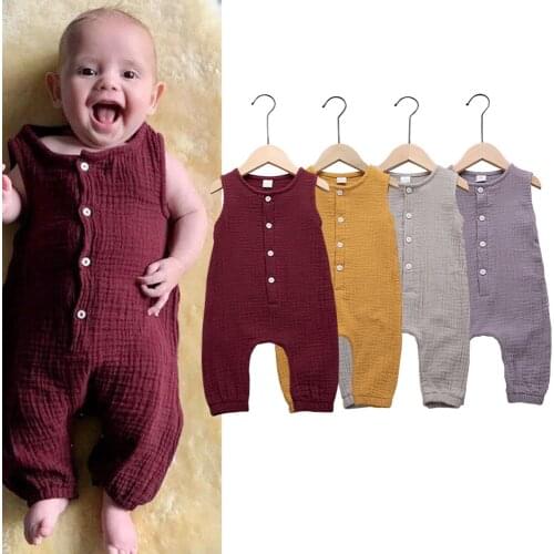 Summer Newborn Baby Boy Girl Romper Jumpsuit Sunsuit Outfits Cotton Linen Solid Color Buttons Clothes