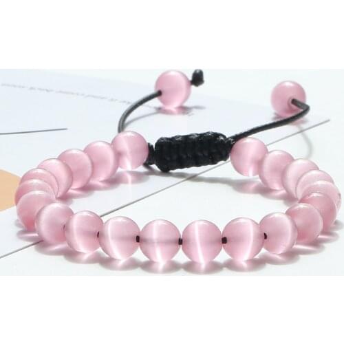 Fasion Opal Beaded Bracelet Natural Cat Eye Stone Braided Bangle for Couple Quartz Strand Bracelets Adjustable Wrist Chain Gifts