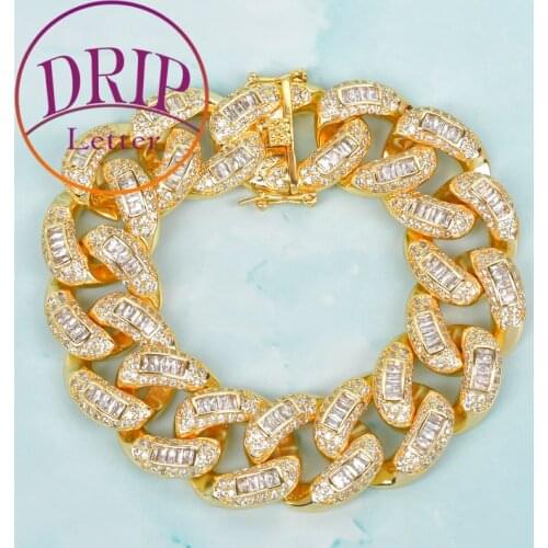 Baguette Zircon Miami Cuban Link 22mm Gold Color Iced Out Chain Mens Hip Hop Bracelet Street Rock Jewelry