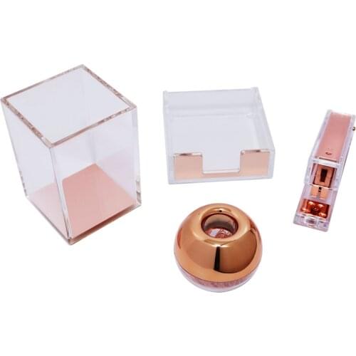 Desktop Office School Supplies Paper Clips Holder Memo Pad Holder Dispenser Stapler Pen Holder Rose Gold Clear Acrylic Desk Set