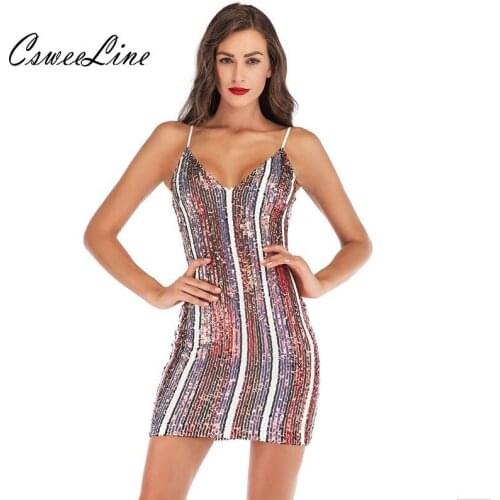 Sexy Bodycon Stripes Sequin Dress Women V Neck Spaghetti Strap Multi Striped Sequins Dresses Luxury Club Party Ladies Mini Dress