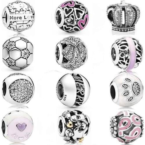 DIY Charm Sparkling Football Paper Fan Pink Heart Crown Degrees Of Love 925 Sterling Silver Beads Fit Fashion Bracelet Jewelry
