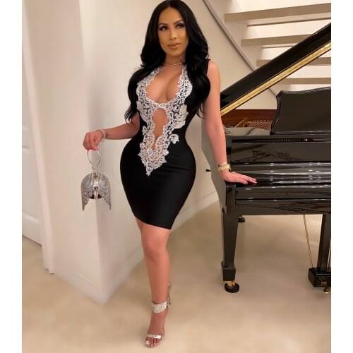 Wendywu Sexy Women Deep V-neck Sleeveless Bodycon Appliques Party Dress Stretch Club Dress Vestidos