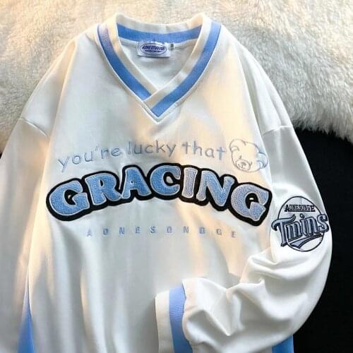 New Hip Hop Graphic Hoodie V-neck Letter Embroidery Sweatshirt Women Fashion Oversized Tops Casual Brand Harajuku Clothes Teens