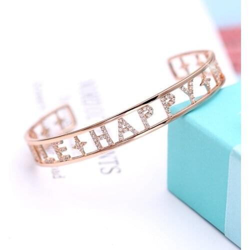 Crystal Hollow Letters HAPPY Strass Bracelets Zircon Bangle Rose Gold Silver Copper Women Bracelets Jewelry 2019 Dropshipping