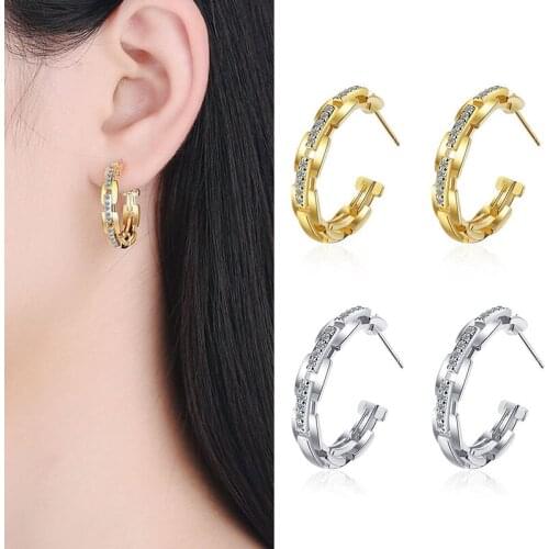 Womens Fashion C-Shape Big Circle Stud Earrings Cuff Chain Shiny Crystal Paved Charming Round Piercing Earring Jewelry Gifts