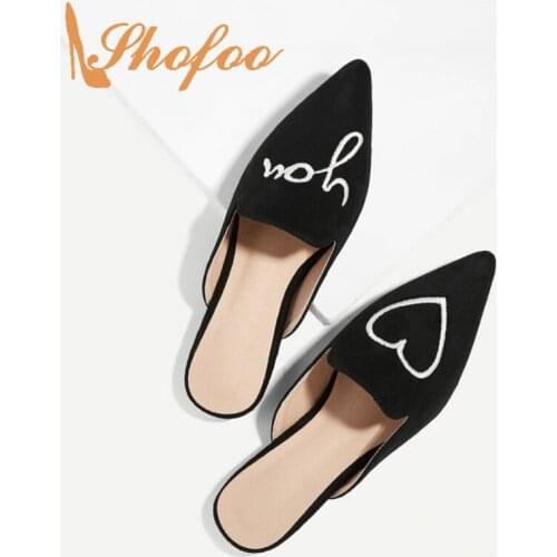 Embroider Heart-Shaped Pointed Toe Shallow Flat Mules Woman Slip On Large Size 11 12 For Ladies Spring Footwear Fashion Sweet