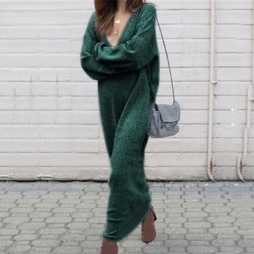 Women Maxi Dress with Long Sleeve V Neck Solid Loose Knitted Sweater Thin Long Shirt Dresses Women Casual Sexy Maxi Dresses Robe