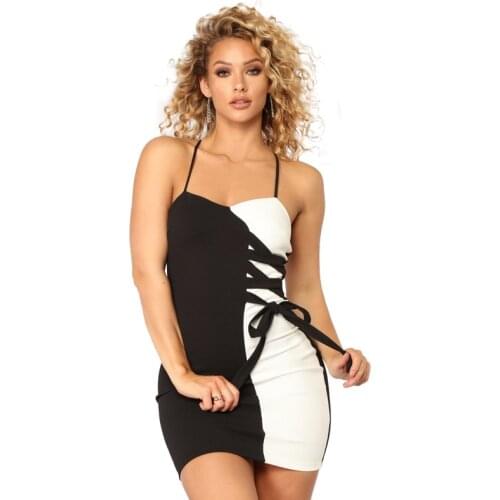 S-XL Women Sexy Bodycon Spaghetti Strap Ruched Mini Club Dresses Black and White Color Matching Bandage