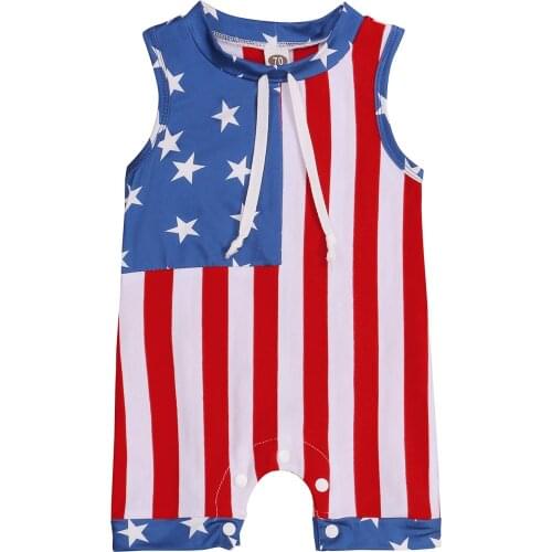 2021-04-12 Lioraitiin 0-24M Infant Kids Baby Girl Jumpsuit Independence Day Star Stripe Print Round Neck Sleeveless Romper