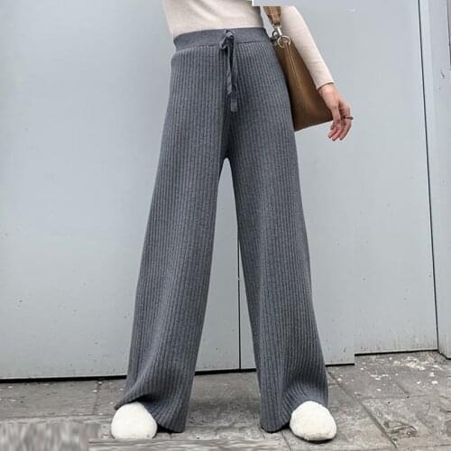 Baggy Solid Knitted Wide Leg Pants Women Casual Elastic High Waist Straight Leg Trousers Female Office Lady Loose Autumn Pants