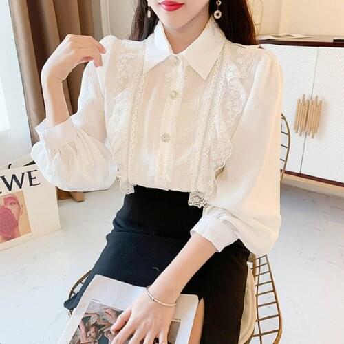 Elegant Style Blouse Women Sweet Chiffon Shirt2021 Spring Blue Floral Small Fresh Bow Tie Cute Slash Neck Ruffled Fairy Tops