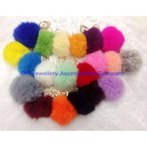Epack free 50pcs mixed 20 colors Cute Genuine Leather Rabbit fur ball plush key chain for car key ring Bag Pendant car keychain