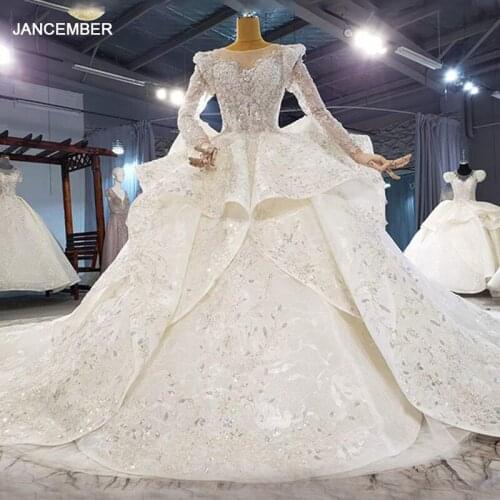 HTL2094 Long Sleeve Sexy V-Neck Ball-Gown Beaded Crystal Luxury Sequined Wedding Dress 2021 Lace Up Back