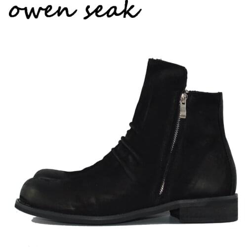 Owen Seak Men Shoes High Ankle Luxury Trainers Suede Genuine Leather Riding Winter Snow Old Boots Casual Zip Flats Black Shoes