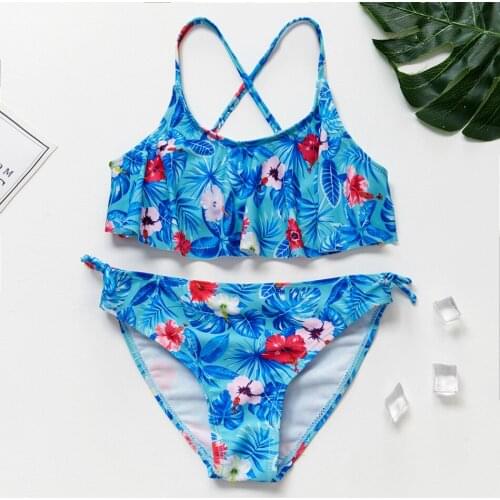 5-14Years Girls Swimsuit New 2021 Blue Floral Childrens Swimwear Two Piece Ruffle Bathing Suit For Girls Swimsuit 9060