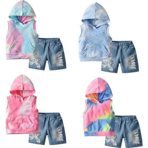 Summer Kids Clothes For Boys' Hooded Sleeveless Tie-Dye Jumper T-Shirts Ripped Jeans 2PCS Set Toddler Boys Clothes Set Outfits