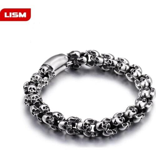 Punk 22.5cm Long Skull Bracelets For Men Stainless Steel Shiny Skull Charm Link Chain Brecelets Male Gothic Jewelry 2019