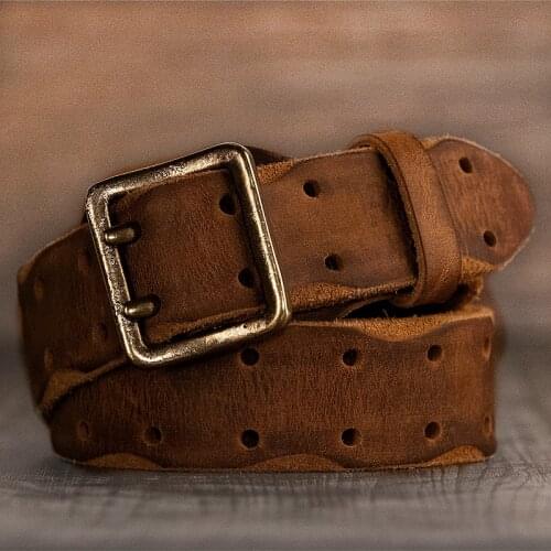 Men Top Layer Cowhide Leather Double Needle Pure Copper Buckle Retro Fashion Casual Trendy Jeans Thickening Belt