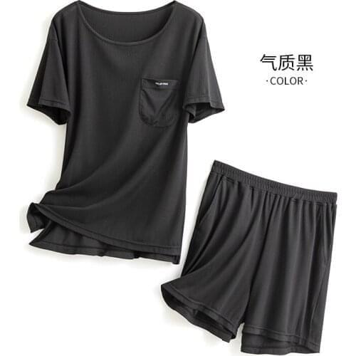 Fashion Summer O-Neck Black Short Sleeve Shorts Women Pajamas Set Ice Silk Couple Sleepwear Plus Size With Pockets Men Home Suit