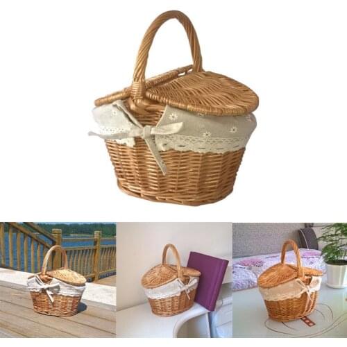 Wicker Woven Picnic Basket Hamper with Lid Camping Food Fruit Picnic Basket Hand Shopping Storage Bags Bread Drink Container