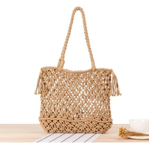 32x27CM Ins Single-shoulder Woven Bag Trend Female Natural Style Straw Bag Handmade Cotton Rope Net Bag Beach Bag a7297