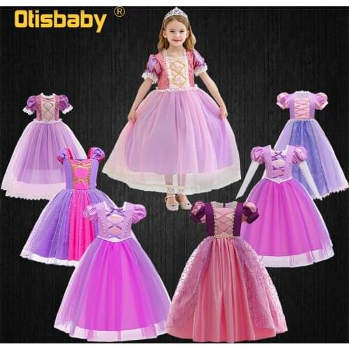 Christmas 2020 Girls Princess Tangled Rapunzel Sequin Dress Purple Puff Sleeve Masquerade Girls Fancy Dress European Clothing