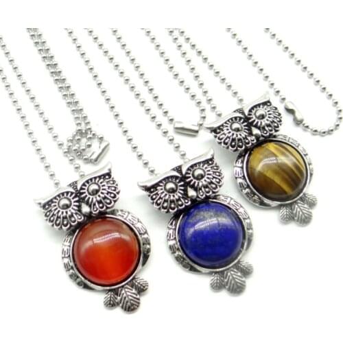 Natural stone mix lazuli tiger eye Turquoises bead animal Owl Archaize silver Pendant necklace Jewelry making 1pcs