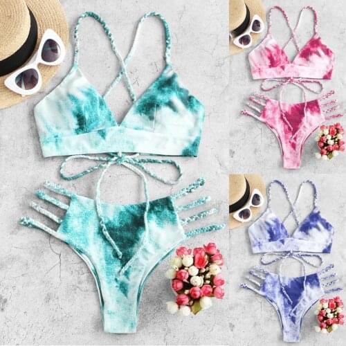 Tie Dye Gradient Two Piece Swimwear Women Bathing Suit Sexy Cross Weaving Strap Bra Tight Thong Bandage Beach Swimsuit