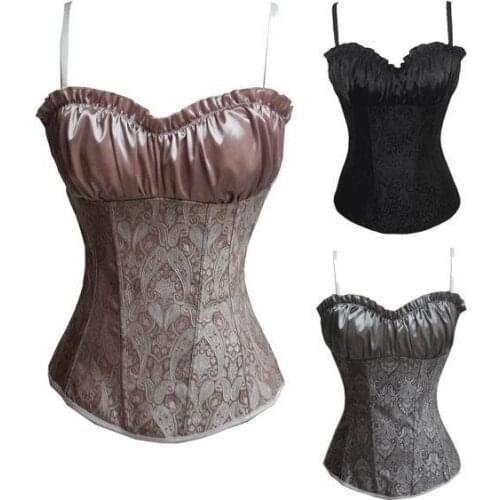 Three Colors For Ruffled Top Corset With Ruched Satin Overbust Corset 3S3168 Print Corset With Strap On