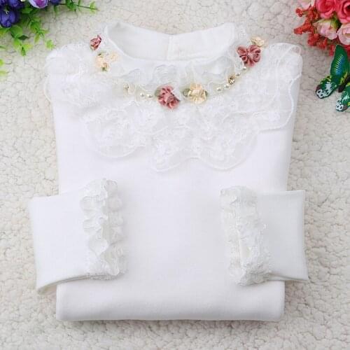 2019 New Autumn Winter Girls Clothes Children Clothing Princess Lace Thick Velvet Girls Blouse Kids White Shirt Pullover