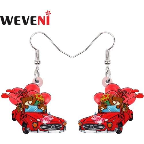 WEVENI Valentines Day Acrylic Red Heart Balloon Bear Doll Car Earrings Long Drop Dangle Fashion Gifts Jewelry For Women Girls