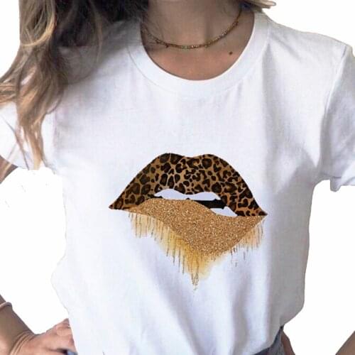 Lip Leopard Love Fashion print ladies T-shirt ladies casual basis O-collar white shirt short sleeve ladies T-shirt,Drop Ship