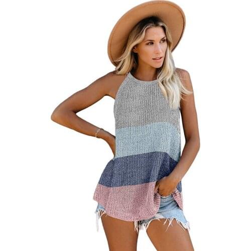Women Beach Sleeveless Knitted Vest T Shirt Blouse Vest Women Summer Summer Women Striped Slim Camisole Tank Tops