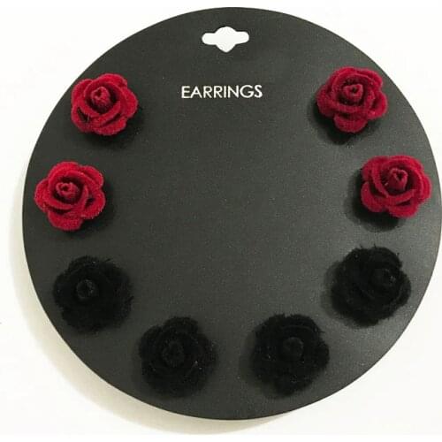 Gothletic Brand 15MM Velvet Metal Rose Stud Earrings Black/Burgundy Flower Earrings for Women Brincos Fashion Jewelry 4prs/Set