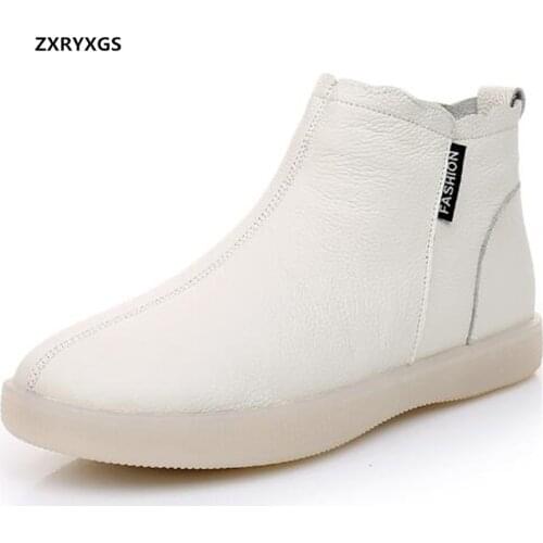 2020 Top Soft Cowhide White Boots Women Shoes Flat Soft Bottom Comfortable Autumn Winter Boots Ankle Boots Casual Leather Boots