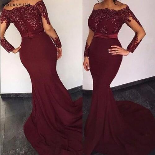 Women African Mermaid Evening Gowns Burgundy Boat Neck Long Sleeves Prom Dresses 2021 Elegant Ceremony Long Party Dresses