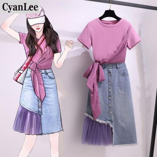 Cyanlee plus size Summer korean two piece set for women cotton lace bow top and mesh patchwork denim skirt set sweat women cloth