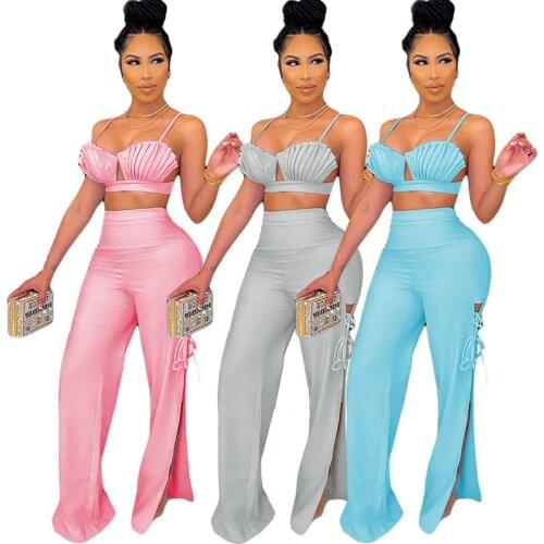 Sexy Party Two Piece Set for Women Matching Sets Spaghetti Strap Strapless Bra Crop Tops and Wide Leg Pants Set Club Outfits