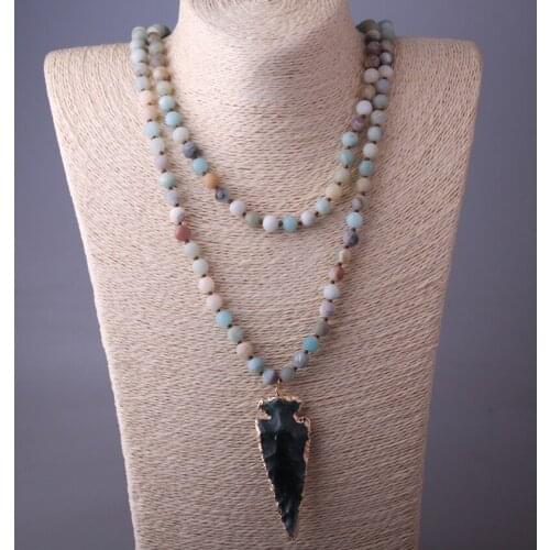 Fashion 130cm Long Knot Amazonite Stones Arrowhead Pendant Necklace Handmade Women Natural Stone Bead Necklace