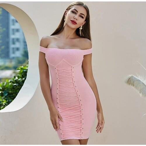 Seamyla New Summer Off Shoulder Women Bandage Dress Sexy Short Sleeve Pink Celebrity Runway Party Evening Bodycon Dress Vestidos