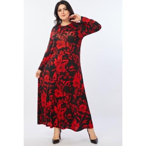 Womens Large Size Black Red Floral Patterned Flexible Viscose Dress Comfortable Flexible Fashion