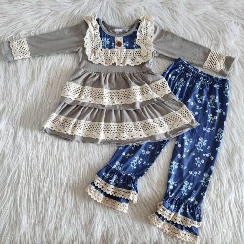 2020 2PCS Toddler Girls Clothes Children Lace and flower design Long Sleeve Tops Ruffles Pants Set boutique kid outfits