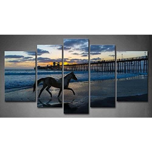 5 Panel Wall Art Horse Running On A Beach Near A Wooden Pier Sunset Blue Water Painting Pictures Print On Canvas Painting